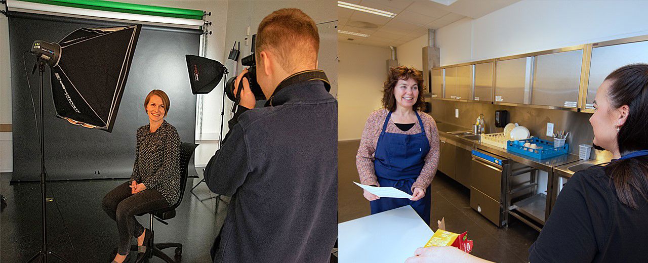 Til venstre fotograf som tar bilde av person, til høyre lærer på avdelingen som forbereder matlaging med elev